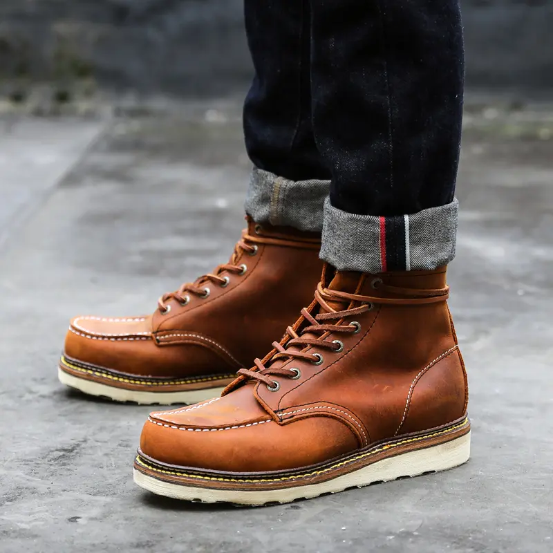 New Goodyear-Welted 875 Vintage Genuine Leather Men Ankle Boots Top Quality Wings Round Toe Casual Dress Work Red Tooling Boots