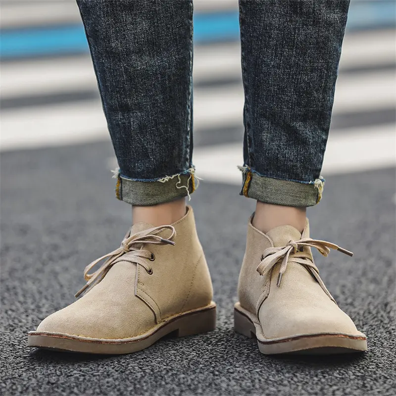 Spring Summer Cow Leather British Style Desert Boots Men's Lace-up Leather Vintage Boots Tooling Boots Men's Shoes Work Platform