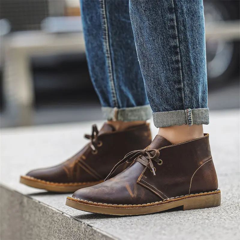 Spring Summer Cow Leather British Style Desert Boots Men's Lace-up Leather Vintage Boots Tooling Boots Men's Shoes Work Platform