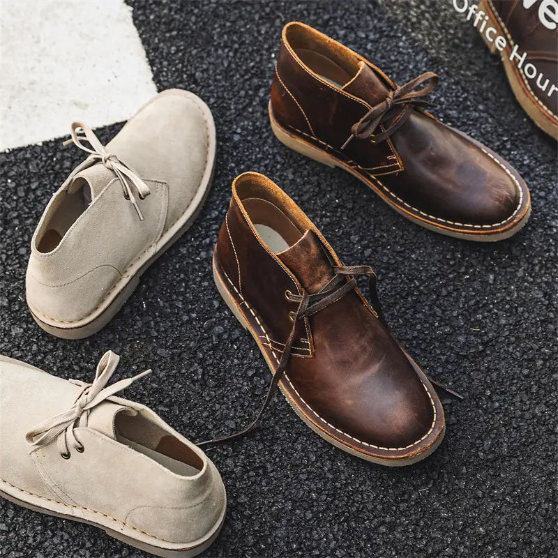 Spring Summer Cow Leather British Style Desert Boots Men's Lace-up Leather Vintage Boots Tooling Boots Men's Shoes Work Platform