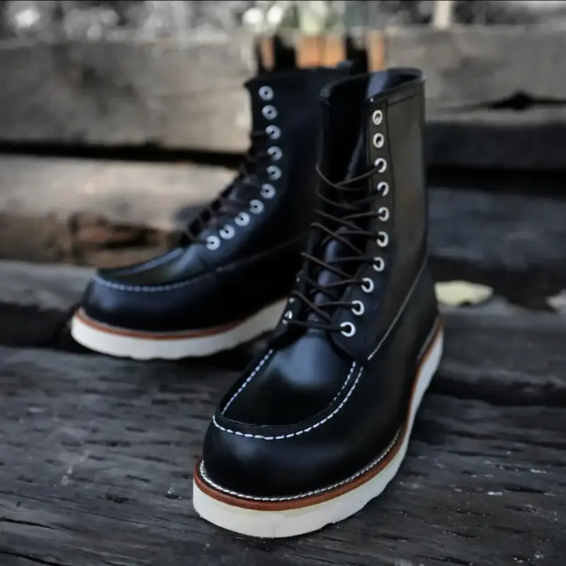 New 877 Autumn Winter High Boots Wings Casual Men Vintage Cow Leather Shoes Handmade Tooling Mid-calf Outdoor Motorcycle Boots