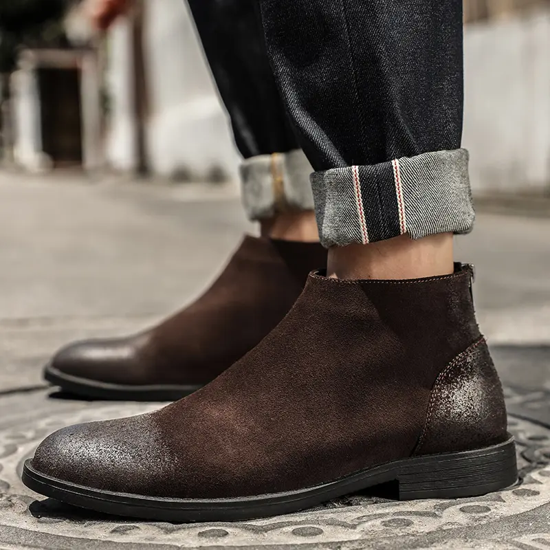New Vintage British Handmade Men Real Leather Shoes Zipper Designer Cow Suede Ankle Boots Cowboy Boots Work Chelsea Boots