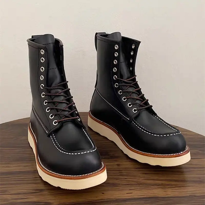Autumn Winter High Boots British Men Vintage Genuine Leather Shoes Handmade Tooling Mid-calf Outdoor Wings Motorcycle Boots 877