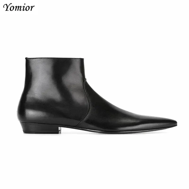 New Real Cow Leather Men Pointed Toe Chelsea Boots Male Ankle Boots Slip-On Casual Dress Business Autumn Winter Business Shoes