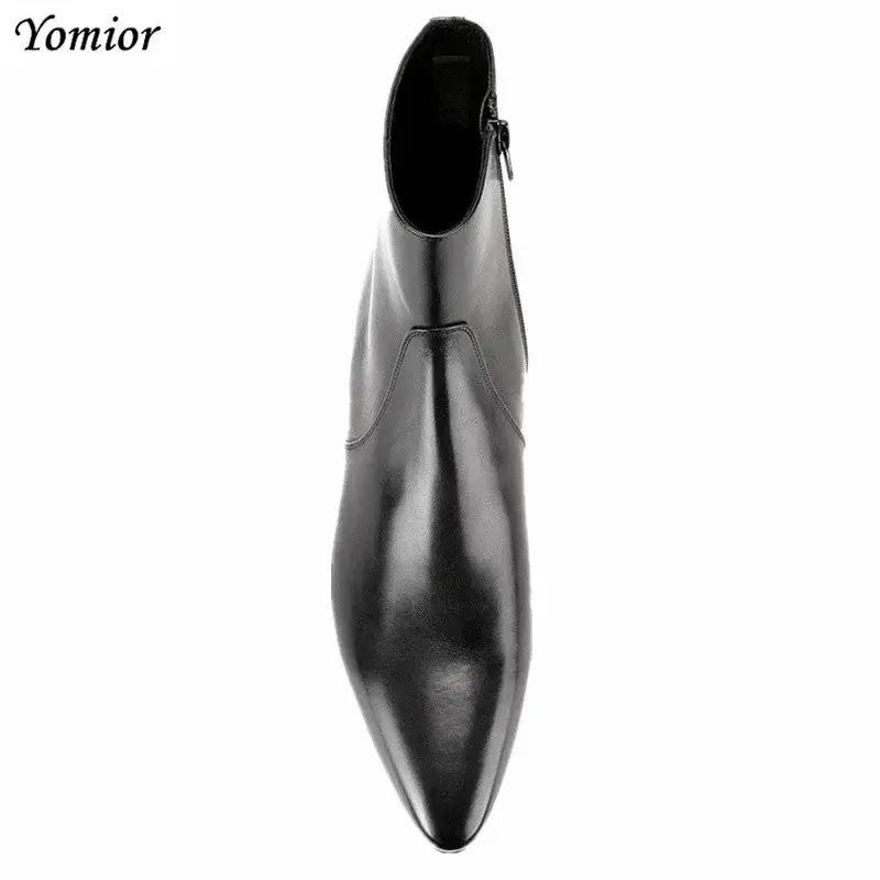 New Real Cow Leather Men Pointed Toe Chelsea Boots Male Ankle Boots Slip-On Casual Dress Business Autumn Winter Business Shoes
