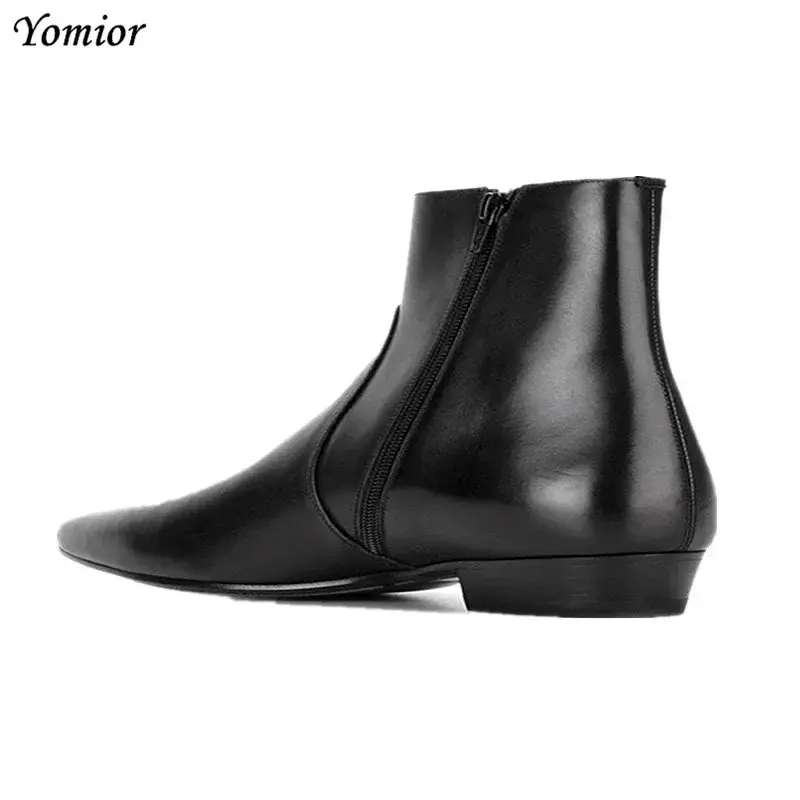New Real Cow Leather Men Pointed Toe Chelsea Boots Male Ankle Boots Slip-On Casual Dress Business Autumn Winter Business Shoes