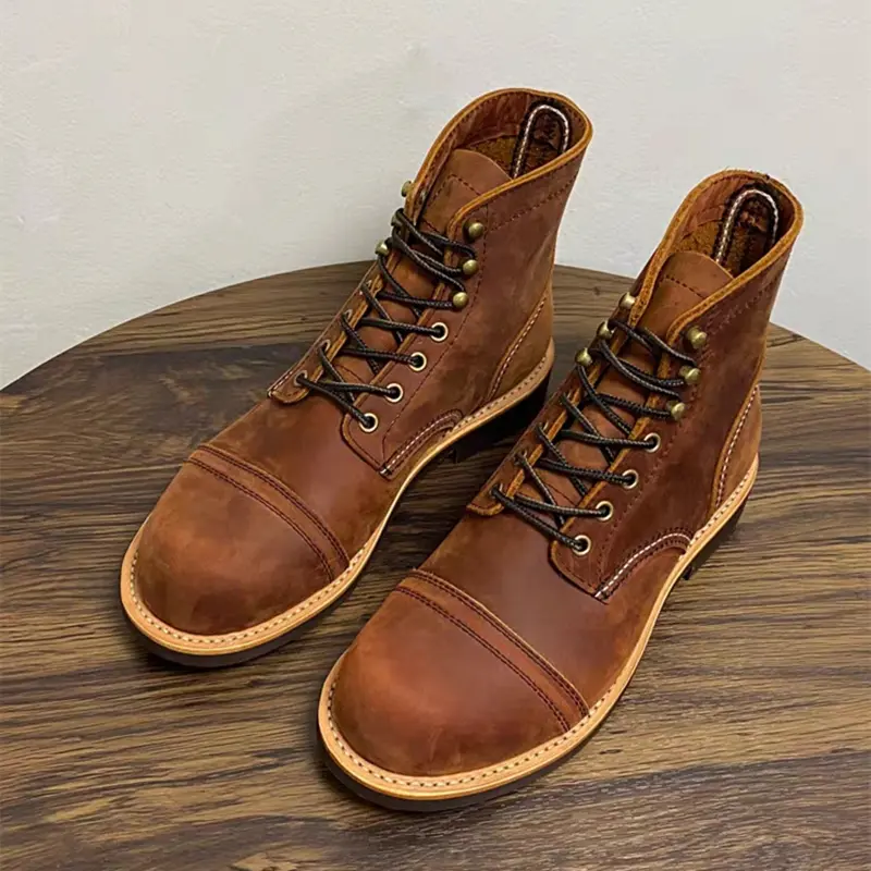Handmade Vintage British Men Ankle Boots Autumn Winter Crazy Horse Cow Leather Shoes Tooling Outdoor Motorcycle Boots Wings