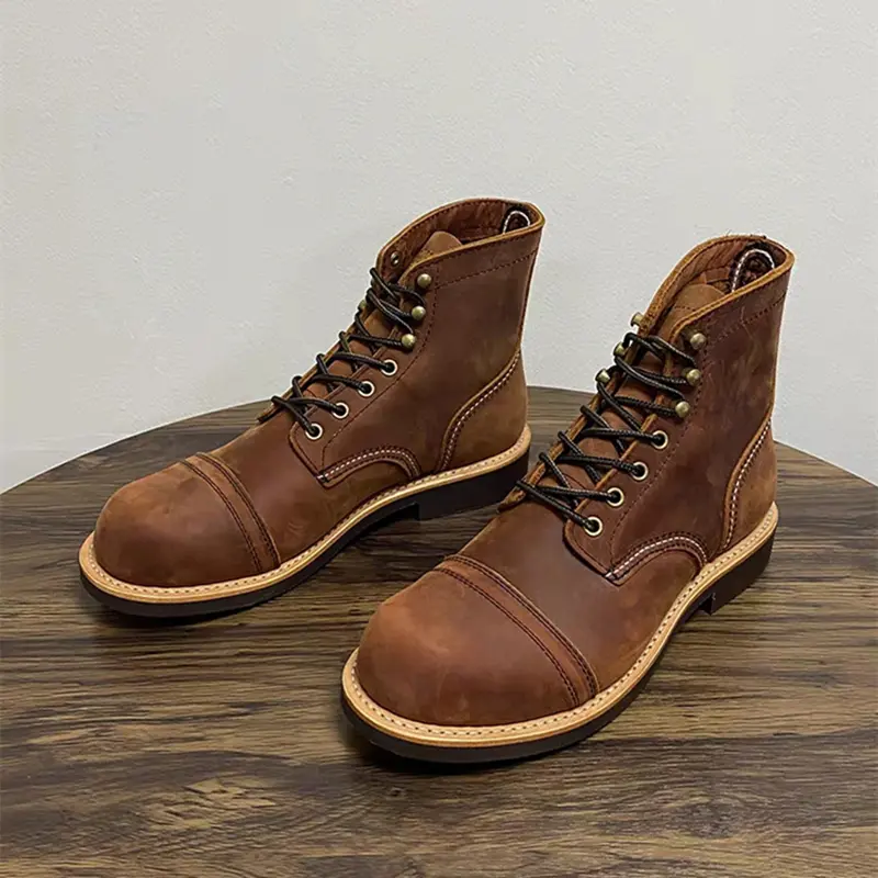 Handmade Vintage British Men Ankle Boots Autumn Winter Crazy Horse Cow Leather Shoes Tooling Outdoor Motorcycle Boots Wings