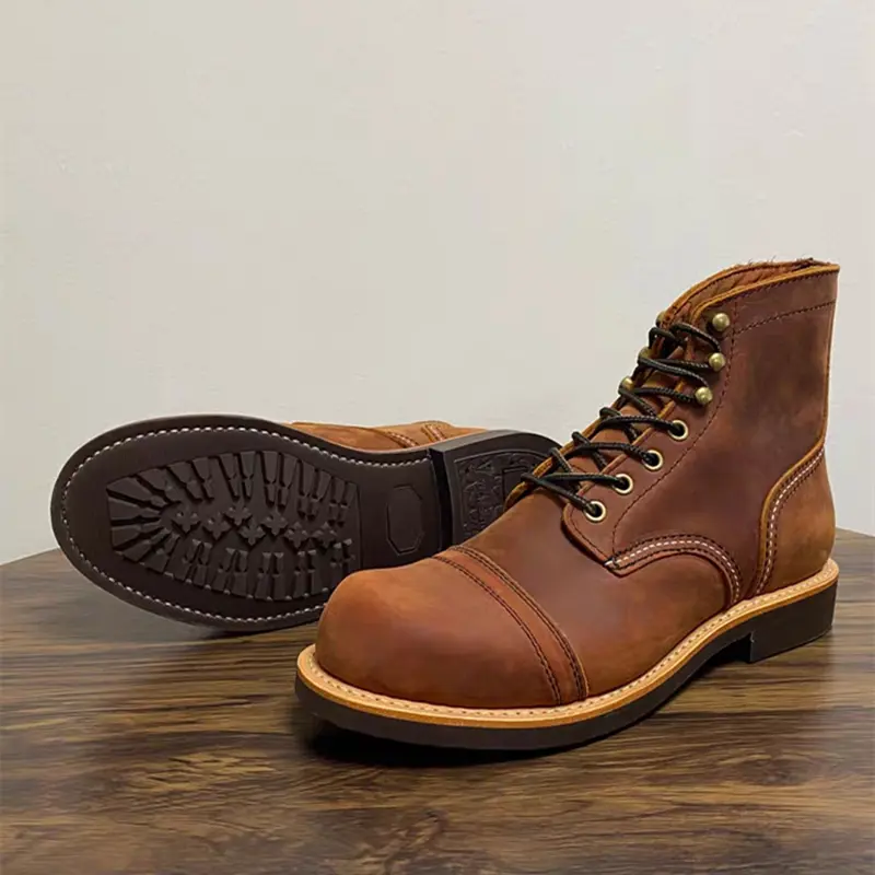 Handmade Vintage British Men Ankle Boots Autumn Winter Crazy Horse Cow Leather Shoes Tooling Outdoor Motorcycle Boots Wings