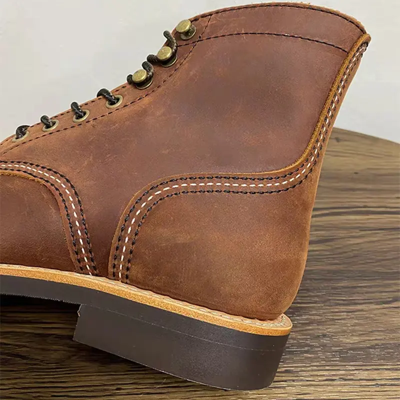 Handmade Vintage British Men Ankle Boots Autumn Winter Crazy Horse Cow Leather Shoes Tooling Outdoor Motorcycle Boots Wings