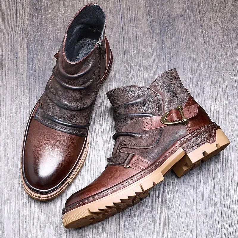 High Quality British Men Ankle Boots Handmade Cow Leather Shoes Vintage Zipper Work Platform Boots Chelsea Boots Autumn Winter