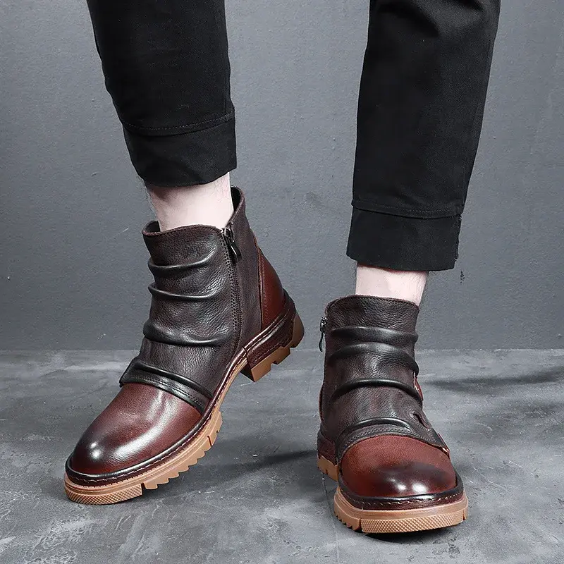 High Quality British Men Ankle Boots Handmade Cow Leather Shoes Vintage Zipper Work Platform Boots Chelsea Boots Autumn Winter