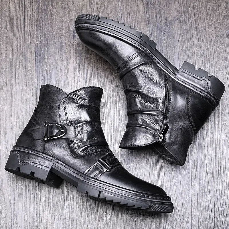 High Quality British Men Ankle Boots Handmade Cow Leather Shoes Vintage Zipper Work Platform Boots Chelsea Boots Autumn Winter