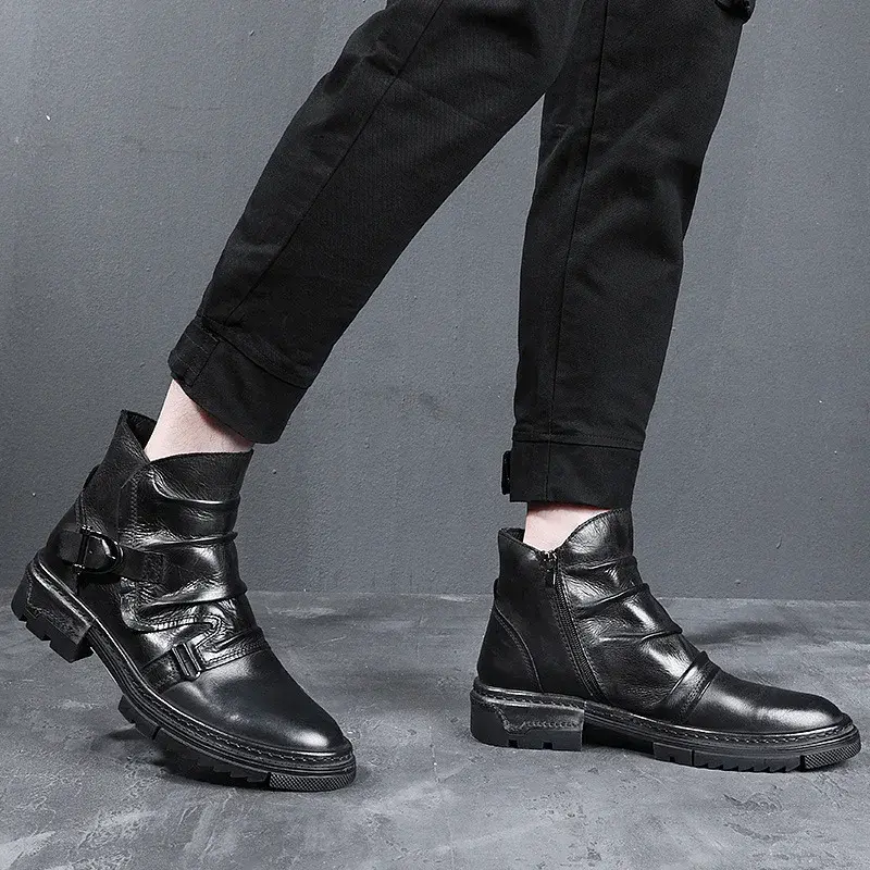 High Quality British Men Ankle Boots Handmade Cow Leather Shoes Vintage Zipper Work Platform Boots Chelsea Boots Autumn Winter