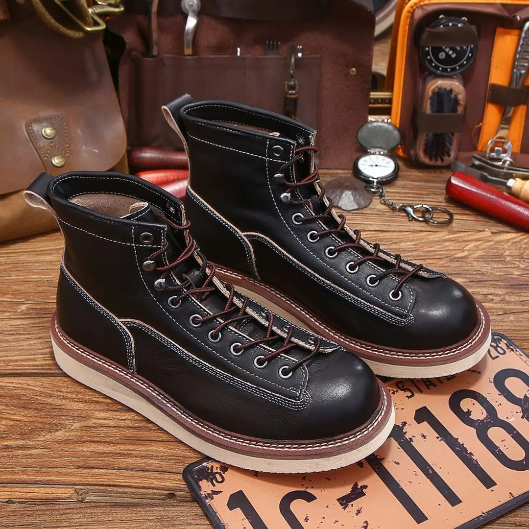 2024 New Top Quality Handmade Men Cow Leather Shoes Autumn Winter Vintage British Ankle Boots Outdoor Tooling Motorcycle Boots