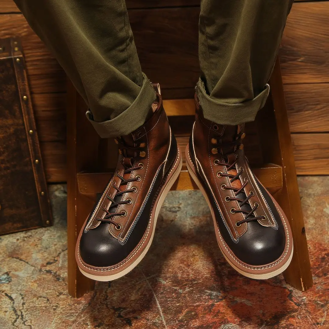 2024 New Top Quality Handmade Men Cow Leather Shoes Autumn Winter Vintage British Ankle Boots Outdoor Tooling Motorcycle Boots