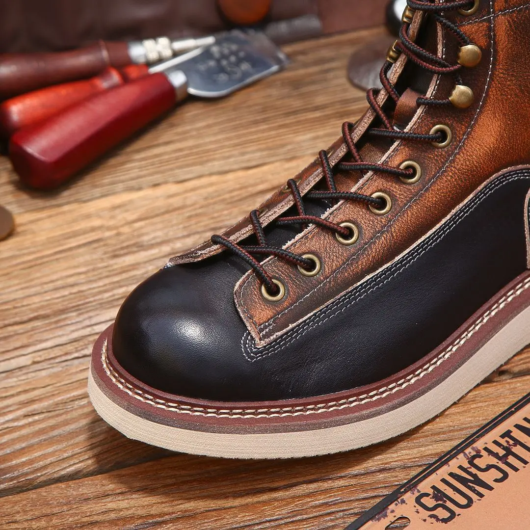 2024 New Top Quality Handmade Men Cow Leather Shoes Autumn Winter Vintage British Ankle Boots Outdoor Tooling Motorcycle Boots