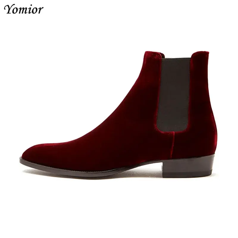 Top Quality Handmade Velvet Vintage Men Leather Shoes Ankle Boots Formal Business Pointed Toe Slip-On Wedding Chelsea Boots Red