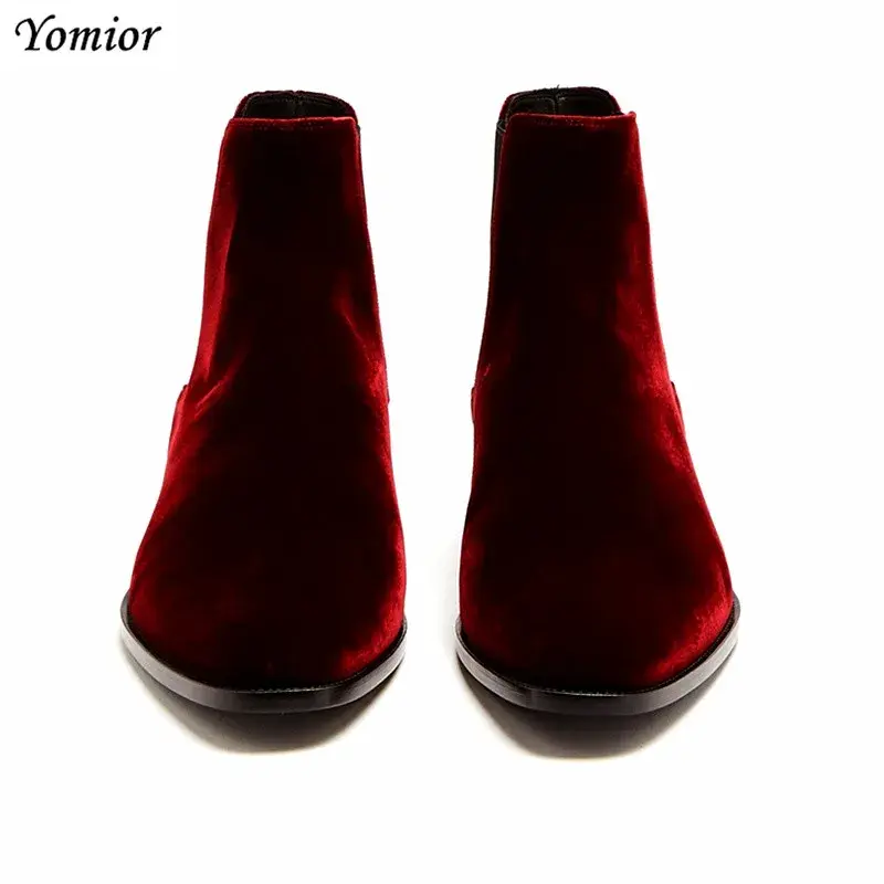 Top Quality Handmade Velvet Vintage Men Leather Shoes Ankle Boots Formal Business Pointed Toe Slip-On Wedding Chelsea Boots Red