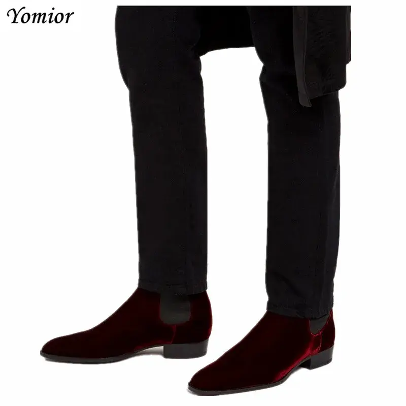 Top Quality Handmade Velvet Vintage Men Leather Shoes Ankle Boots Formal Business Pointed Toe Slip-On Wedding Chelsea Boots Red