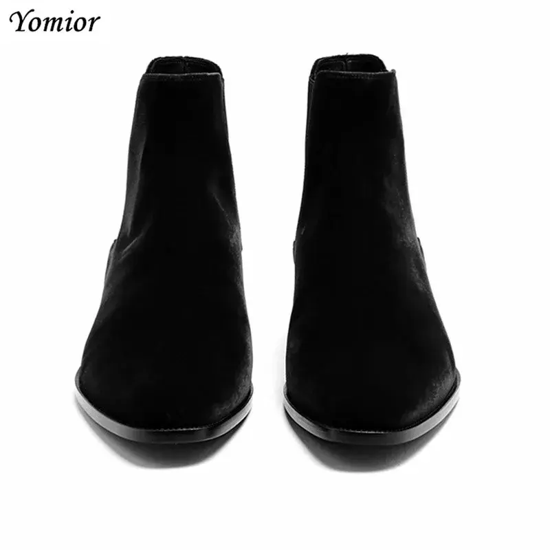 Top Quality Handmade Velvet Vintage Men Leather Shoes Ankle Boots Formal Business Pointed Toe Slip-On Wedding Chelsea Boots Red