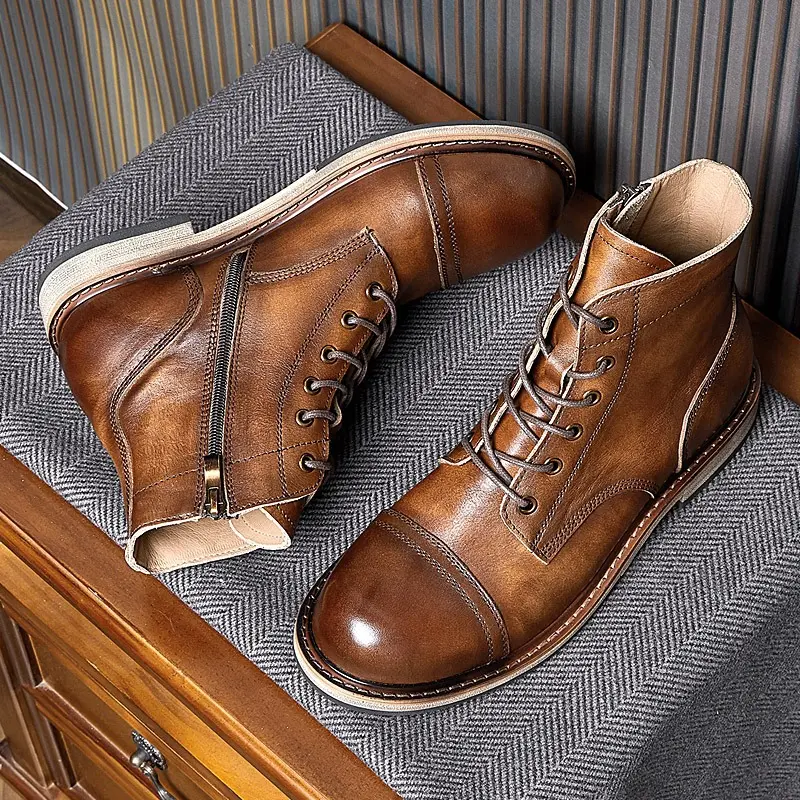 New Handmade Men Vintage British Men Ankle Boots High Quality Cow Leather Shoes Spring Autumn Soft Tooling Motorcycle Boots