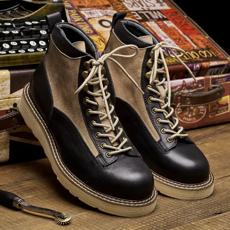 High Quality Handmade Autumn Winter Shoes Vintage Cow Leather Designer Lace-up Round Toe Mens Ankle Boots Desert Motorcycle Boot