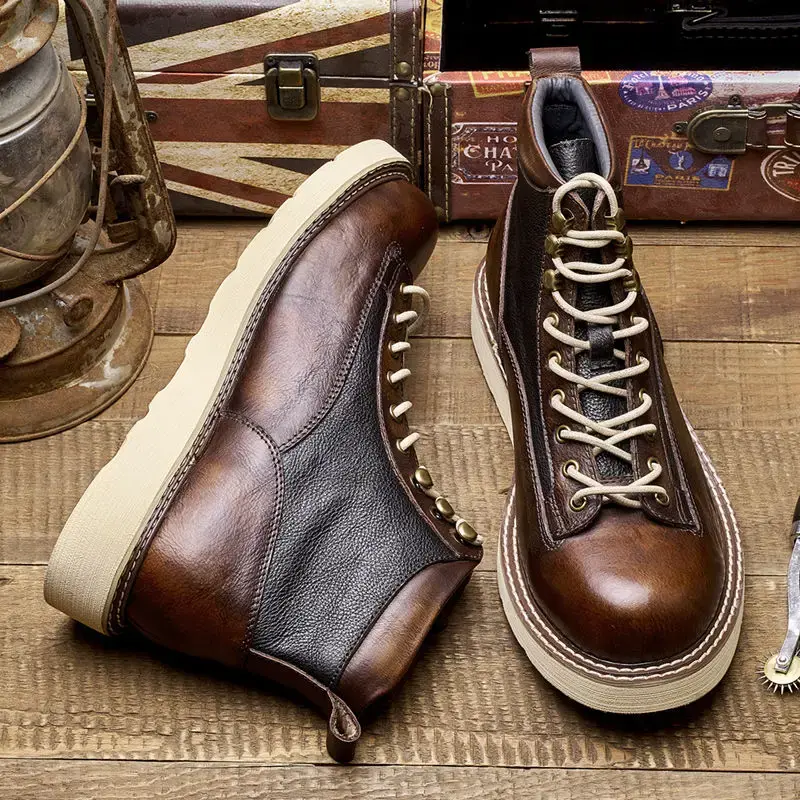 High Quality Handmade Autumn Winter Shoes Vintage Cow Leather Designer Lace-up Round Toe Mens Ankle Boots Desert Motorcycle Boot