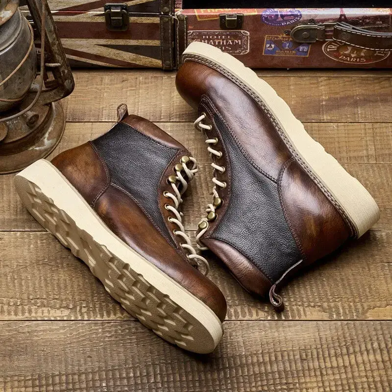 High Quality Handmade Autumn Winter Shoes Vintage Cow Leather Designer Lace-up Round Toe Mens Ankle Boots Desert Motorcycle Boot