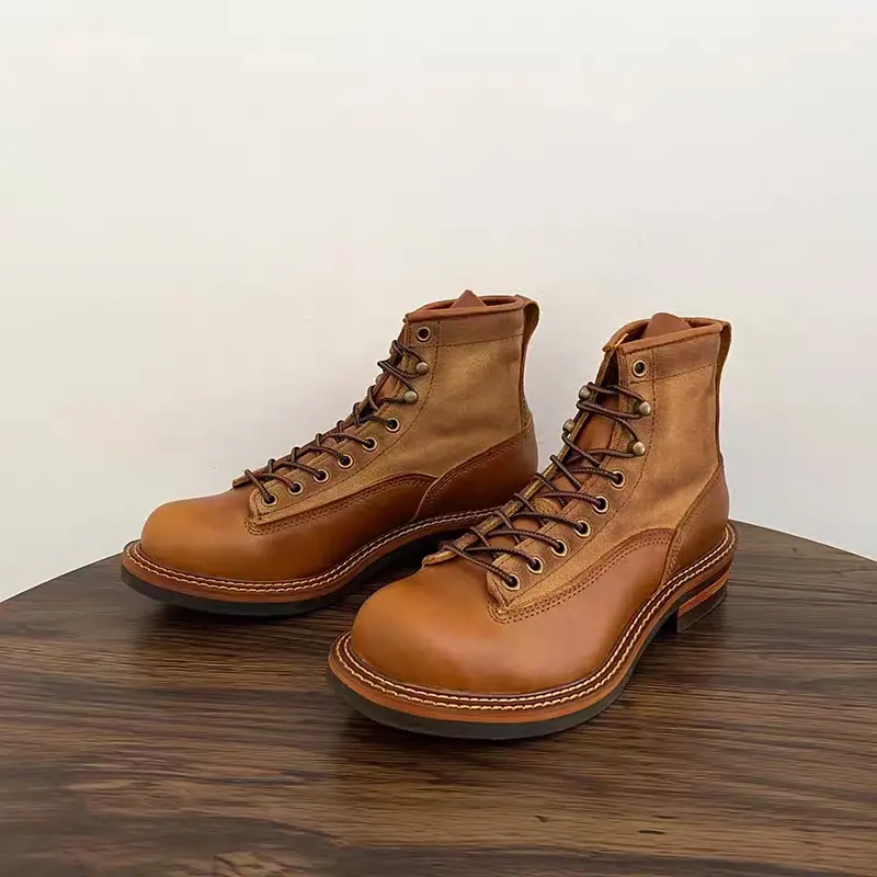 Handmade Cowhide Canvas British Men Casual Shoes High Quality Cow Leather Ankle Boots Vintage Tooling Motorcycle Boots Winter