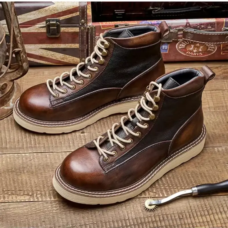 High Quality Handmade Autumn Winter Shoes Vintage Cow Leather Designer Lace-up Round Toe Mens Ankle Boots Desert Motorcycle Boot