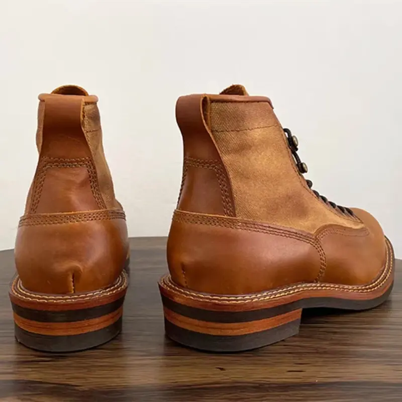 Handmade Cowhide Canvas British Men Casual Shoes High Quality Cow Leather Ankle Boots Vintage Tooling Motorcycle Boots Winter