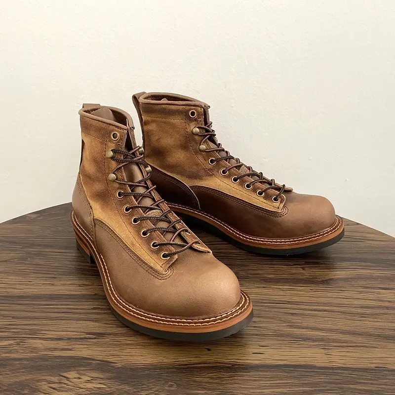 Handmade Cowhide Canvas British Men Casual Shoes High Quality Cow Leather Ankle Boots Vintage Tooling Motorcycle Boots Winter