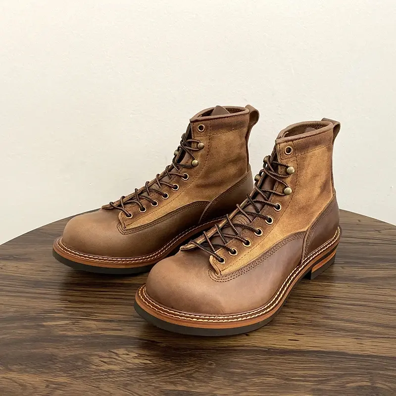 Handmade Cowhide Canvas British Men Casual Shoes High Quality Cow Leather Ankle Boots Vintage Tooling Motorcycle Boots Winter