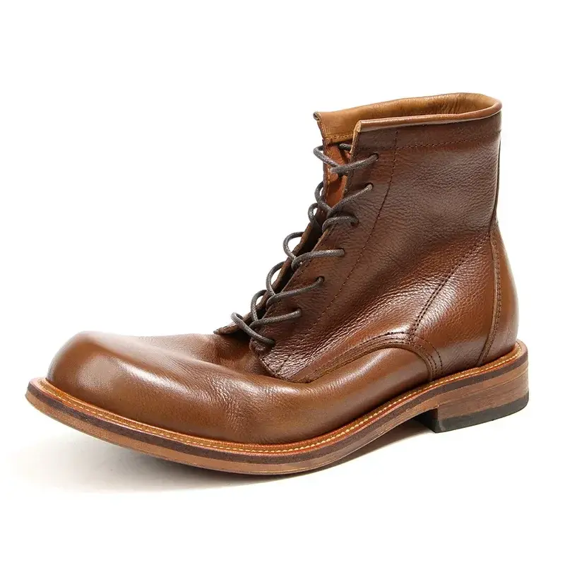New Handmade Autumn Winter Vintage Men Ankle Boots Classic High Quality Cow Leather Shoes Outdoor Motorcycle Boots Platform Boot