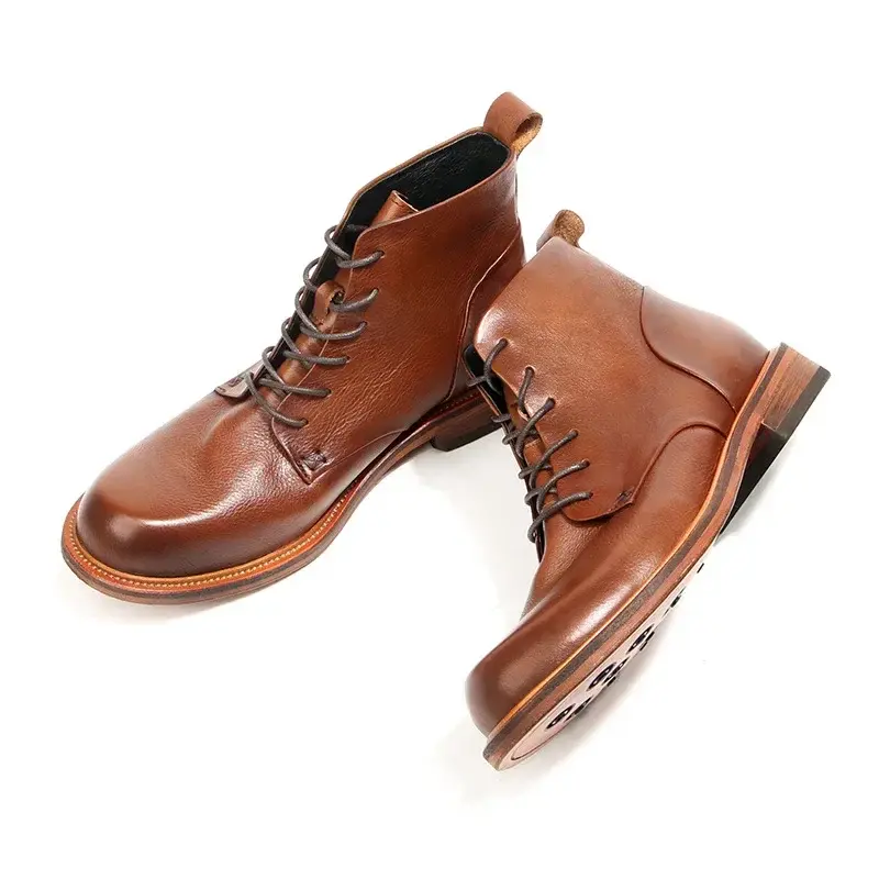 Handmade Vintage British Top Quality Men Shoes Ankle Boots Autumn Winter Outdoor Work Motorcycle Boots Real Cow Leather Japanese