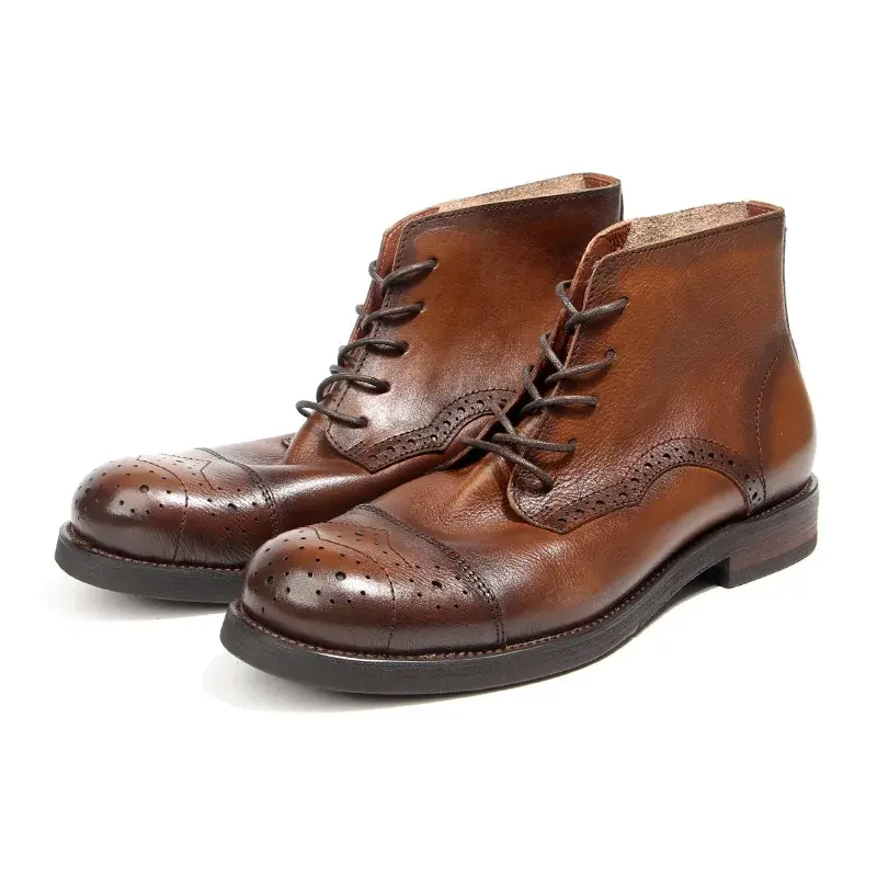 Real Cow Leather Shoes Vintage British Handmade Men Ankle Brogue Boots Business Work Autumn Winter Desert Boots Platform Boots