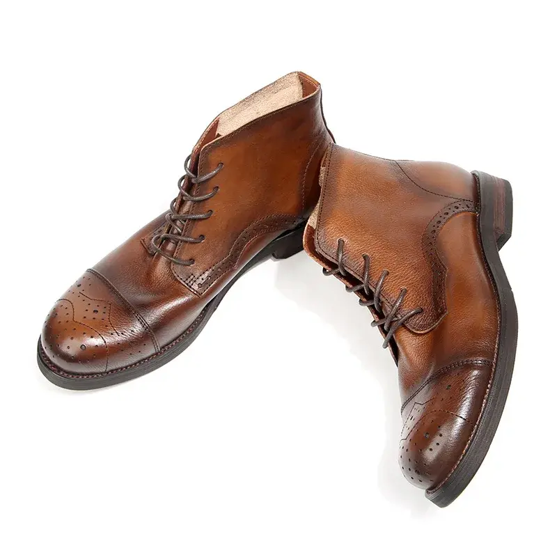 Real Cow Leather Shoes Vintage British Handmade Men Ankle Brogue Boots Business Work Autumn Winter Desert Boots Platform Boots
