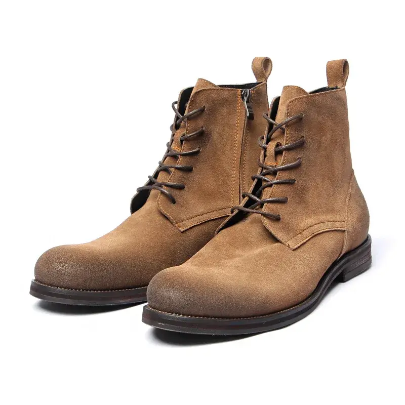 Top Quality Cow Suede Men Leather Boots Handmade Vintage British Zipper Tooling Shoes Outdoor Work Motorcycle Desert Boots Dress