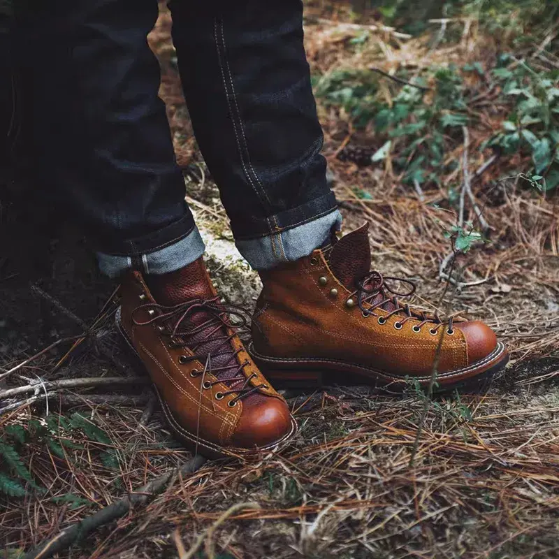 New Round Toe Genuine Cow Leather Vintage British Top Quality Platform Ankle Boots Men Handmade Tooling Wedge Motorcycle Boots