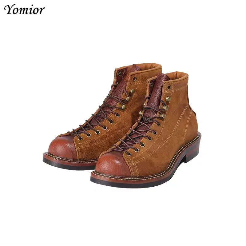 New Round Toe Genuine Cow Leather Vintage British Top Quality Platform Ankle Boots Men Handmade Tooling Wedge Motorcycle Boots