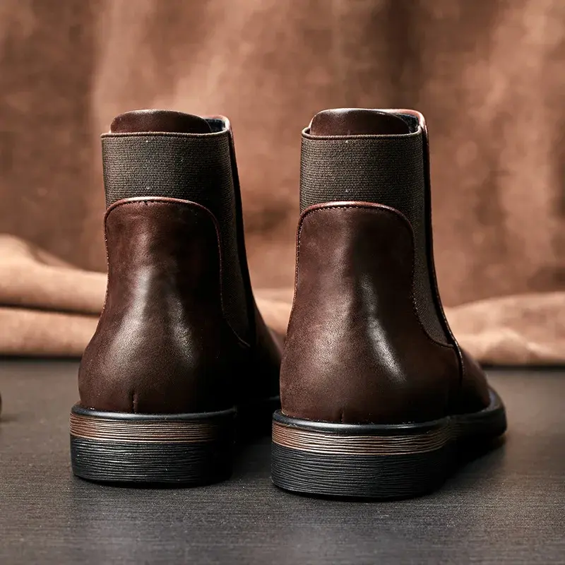 New Fashion Vintage British Men Casual Shoes Handmade Cow Leather Autumn Winter Tooling Ankle Boots Slip-On Wedding Chelsea Boot