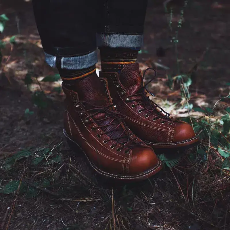 New Round Toe Genuine Cow Leather Vintage British Top Quality Platform Ankle Boots Men Handmade Tooling Wedge Motorcycle Boots