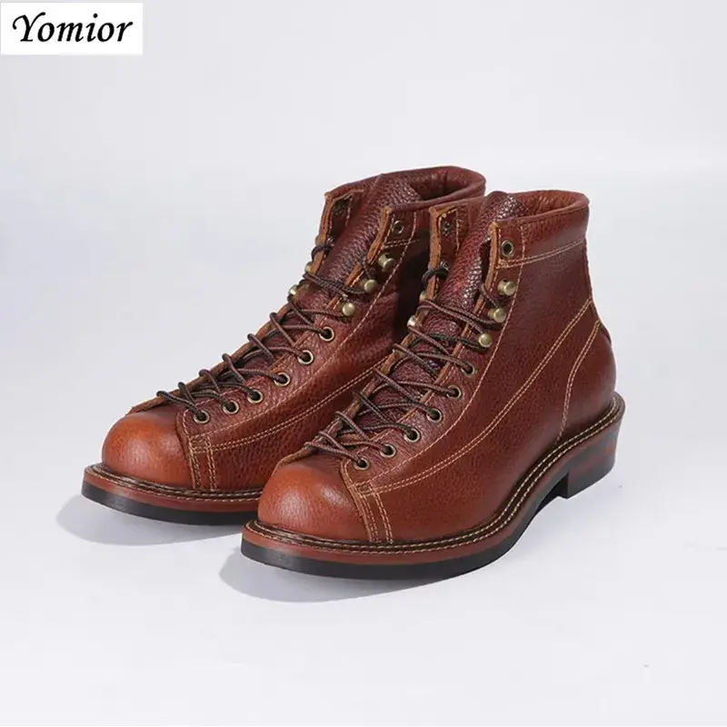 New Round Toe Genuine Cow Leather Vintage British Top Quality Platform Ankle Boots Men Handmade Tooling Wedge Motorcycle Boots