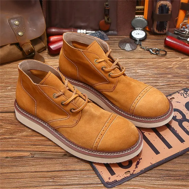 New Handmade Vintage British High Quality Men Cow Suede Leather Shoes Outdoor Tooling Ankle Boots Desert Boots Spring Autumn