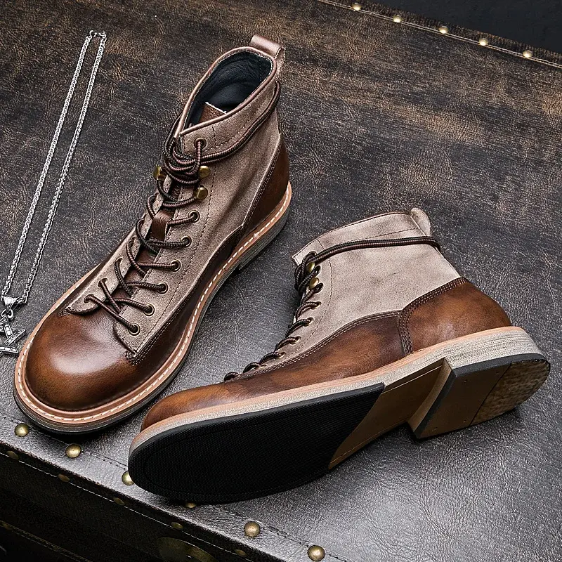 Vintage British Handmade Men Casual Real Leather Shoes High Quality Ankle Boots Tooling Work Desert Round Toe Motorcycle Boots