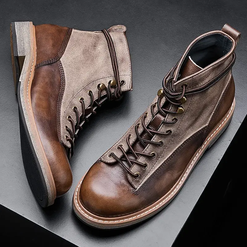Vintage British Handmade Men Casual Real Leather Shoes High Quality Ankle Boots Tooling Work Desert Round Toe Motorcycle Boots