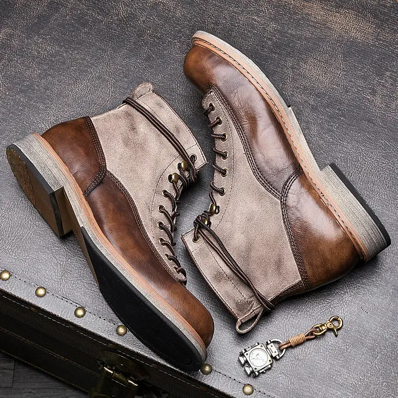 Vintage British Handmade Men Casual Real Leather Shoes High Quality Ankle Boots Tooling Work Desert Round Toe Motorcycle Boots
