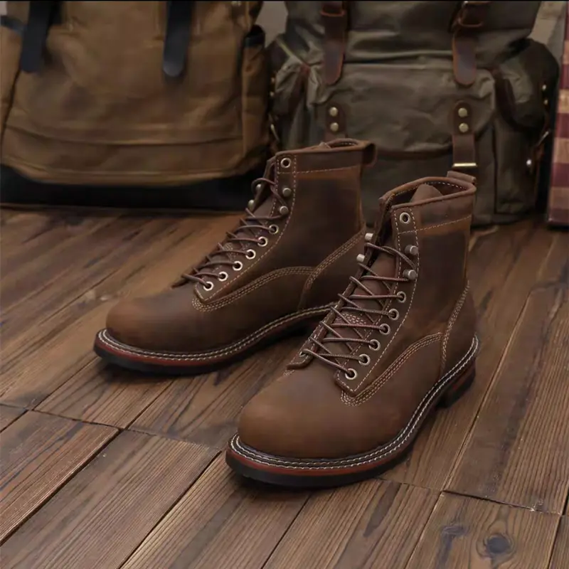 New Handmade Vintage British Casual Men Ankle Boots Autumn Winter Cow Leather Shoes Wedge Tooling Desert Boots Motorcycle Boots