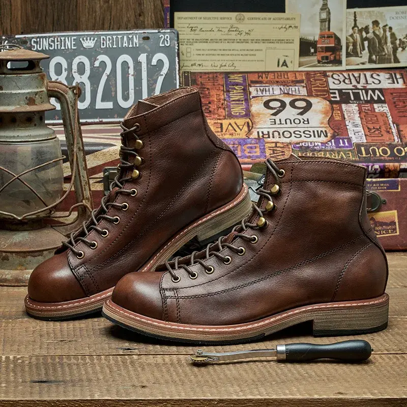 Handmade British Big Size Men Boots Dress Cow Leather Shoes Autumn Winter Motorcycle Boots Outdoor Tooling Platform Boots Work